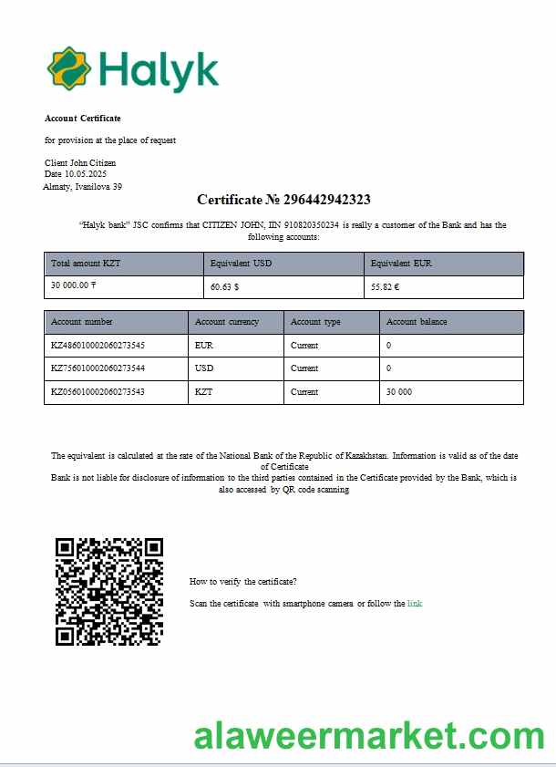 Kazakhstan Halyk bank account certificate scr